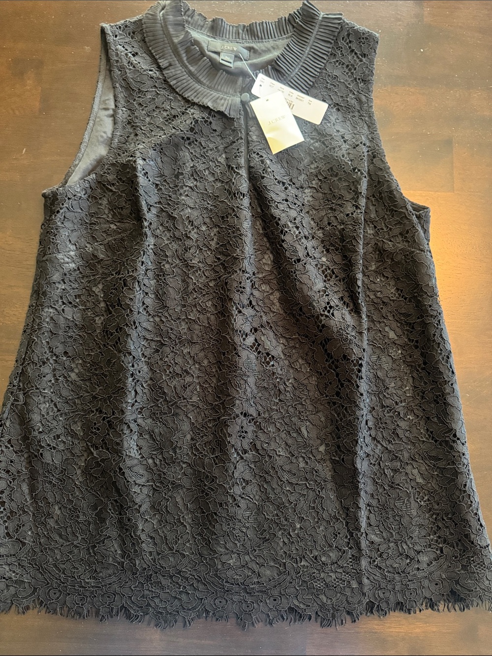 J Crew Black Lace Pleated Neck Sleeveless Top